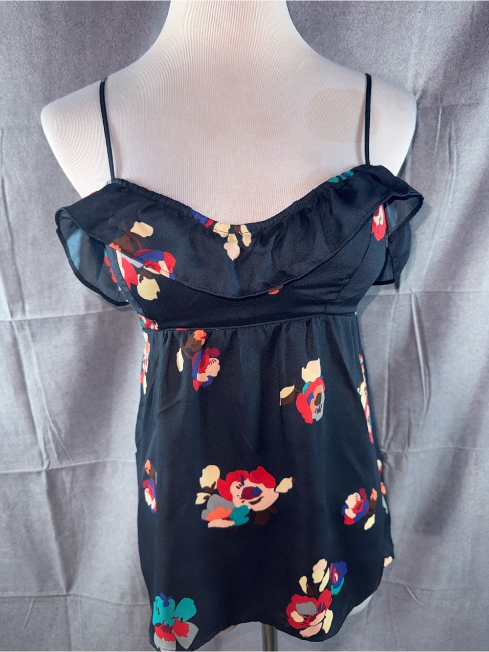 3200-American Eagle Outfitters Black Floral Ruffle-Trim Mini Dress